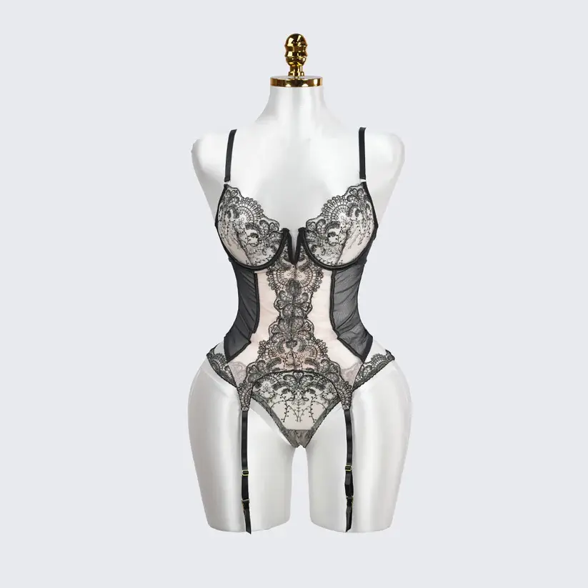 Lace Floral Embroidered Bodysuit Gloves Set