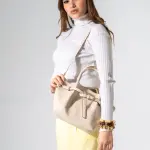 Belted Pebbled Hand Bag - beige