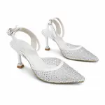 White Rhinestone Mesh Slingback Heels C-131