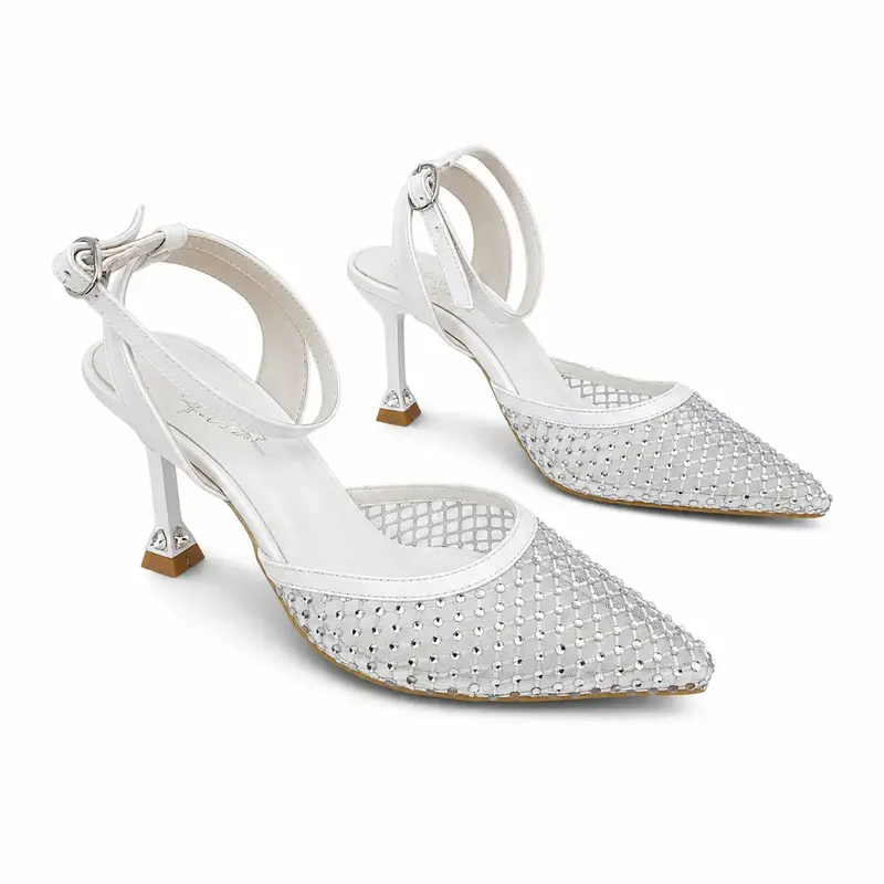 White Rhinestone Mesh Slingback Heels C-131