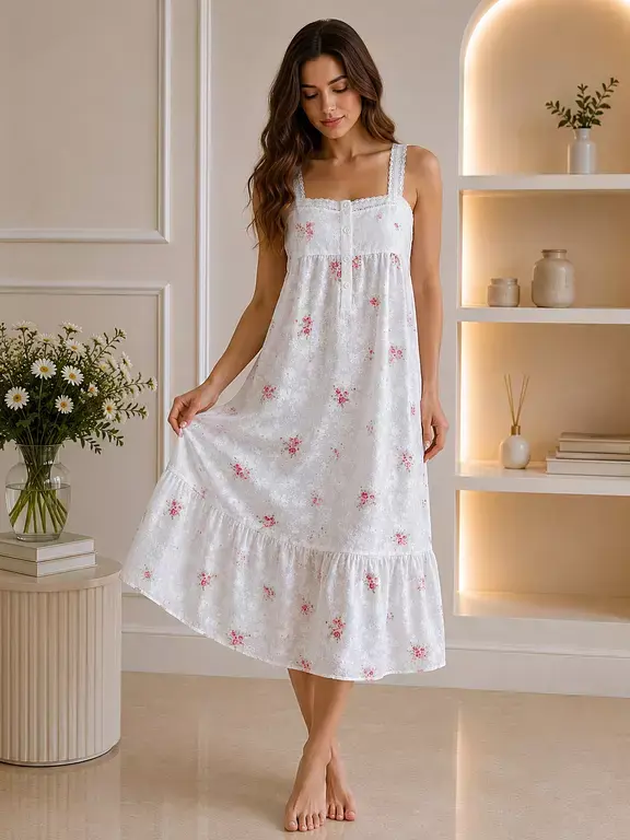 Pink Daisy Embroidered Cotton Dress