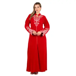 Elegant Red Reception Abaya with White Embroidery – Royal Style
