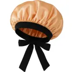 LuxeBow Satin Bonnet – Peach & Black