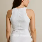 Women’s Ribbed Cotton Racerback Tank Top – Fitted Sleeveless High Neck Crop Top (White)
