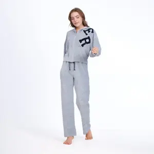 Dark Grey Cotton Pajama Set – Zipper Jacket & Embroidered