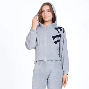 Dark Grey Cotton Pajama Set – Zipper Jacket & Embroidered