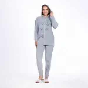 Winter Grey Cotton Pajama Set – Embroidered Jacket & Pants