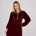 Luxury Velvet Maroon Abaya with Embroidered Neckline