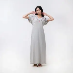 Long Cotton Nightgown with Floral Embroidery