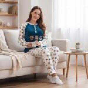 Dark Green & White Printed Winter Pajama Set