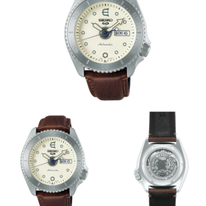 SEIKO Men's Watch 5 SPORTS Brown Leather Strap, Beige Dial SRPF93K1