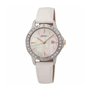 SEIKO Ladies' Watch QUARTZ White Leather Strap, White Dial SUR871P1